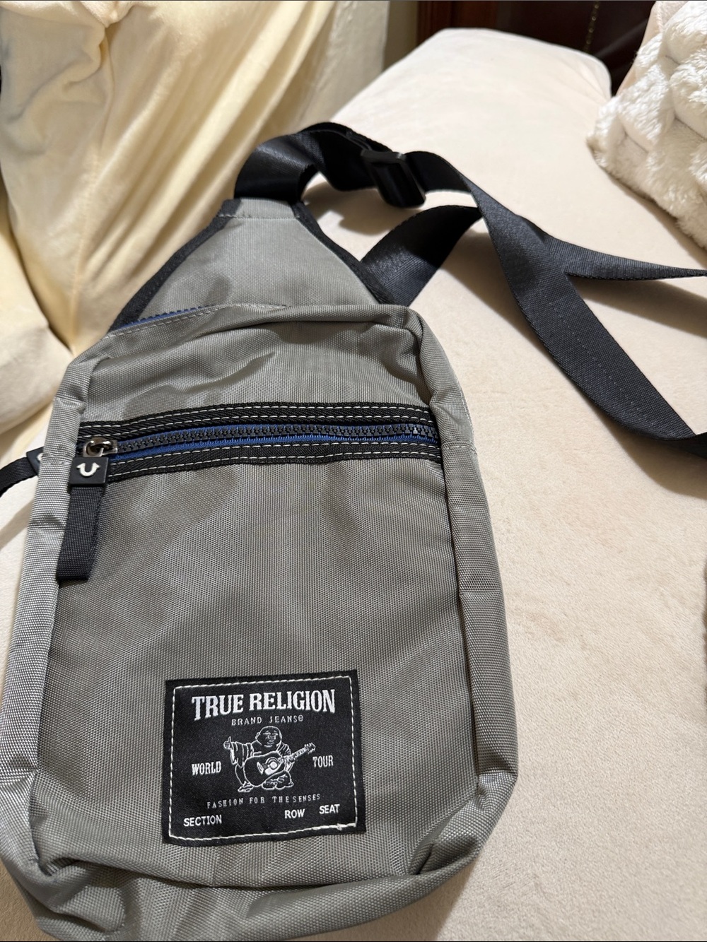 True Religion Gray Sling Belt Bag with Black Strap